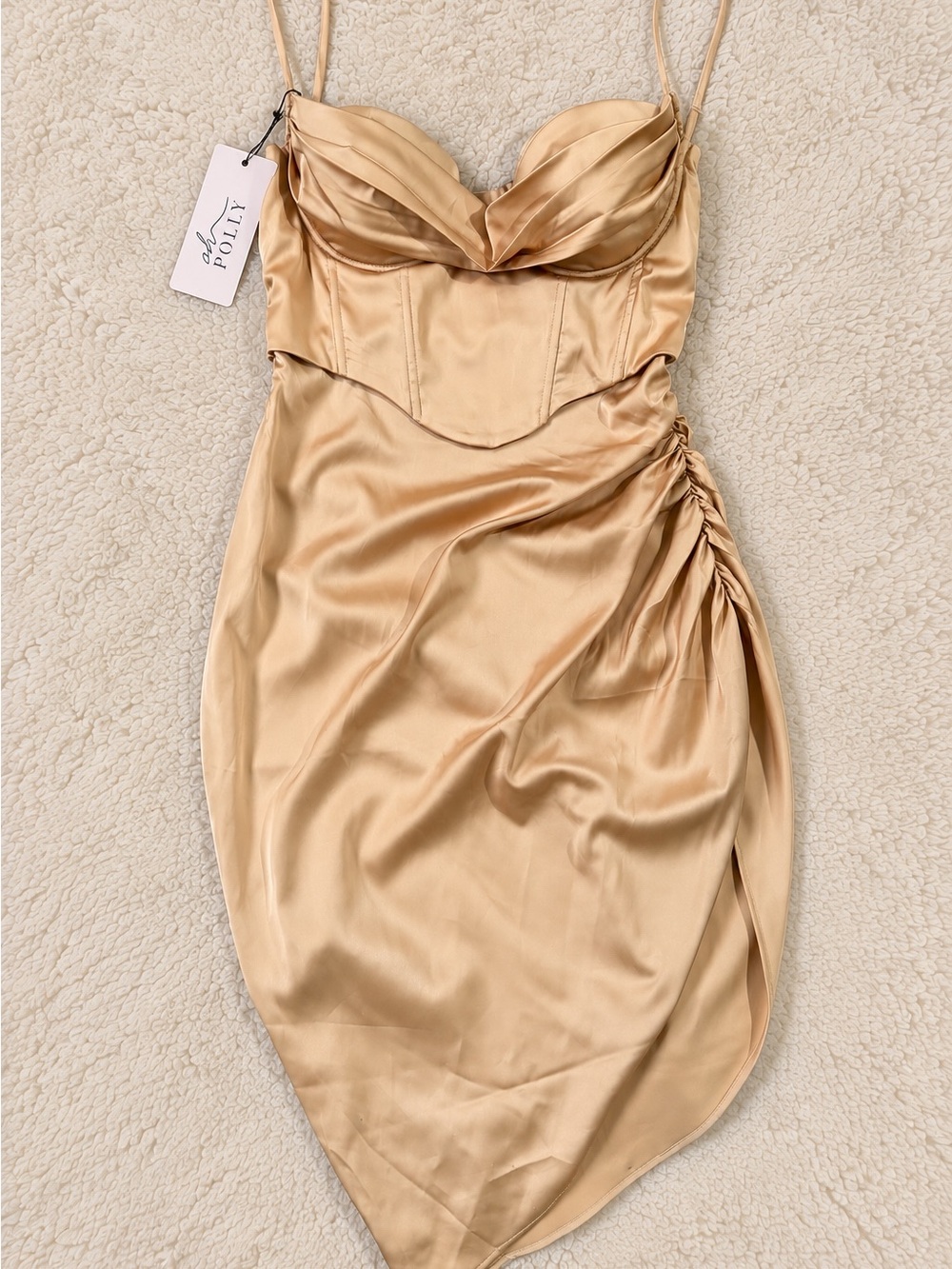 Oh Polly Champagne Satin Ruched Midi Dress